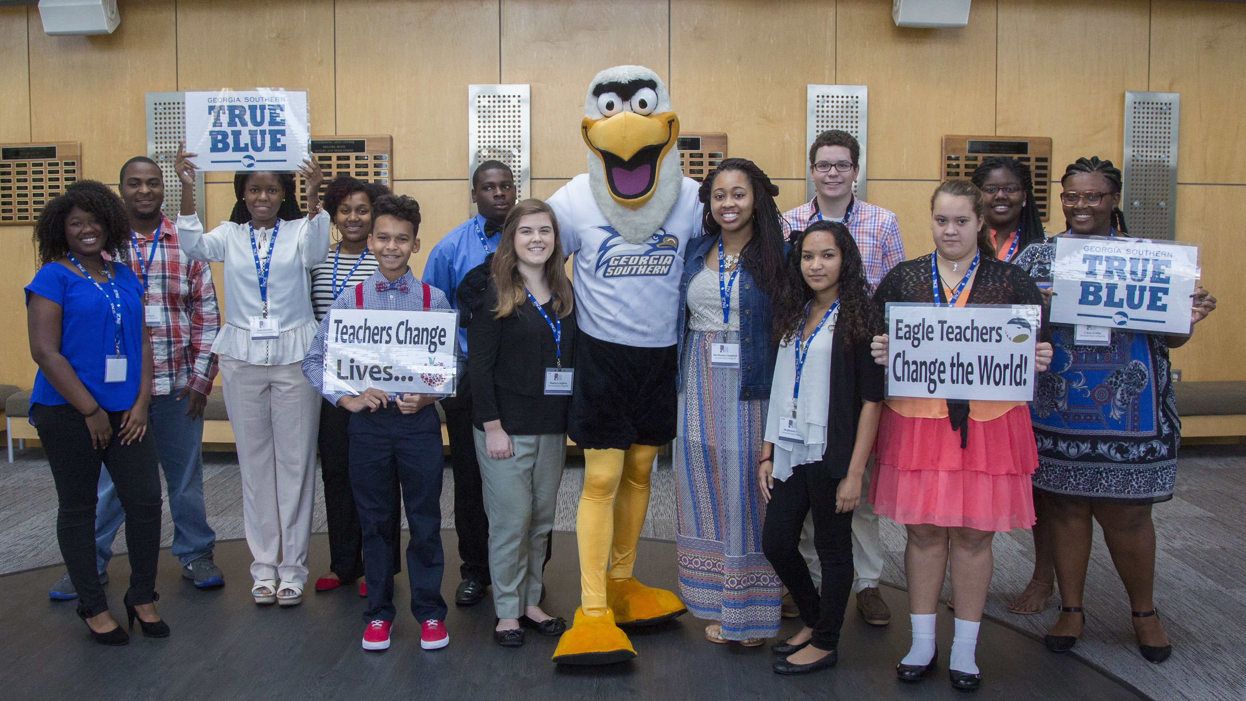 Savannah Early College High School pose with Georgia Southern's official mascot GUS at FGE Day.