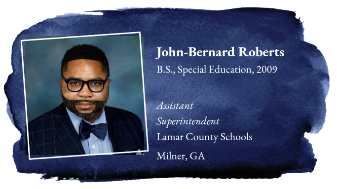 A navy graphic image including a photo of John-Bernard Roberts and his degree accomplishments 