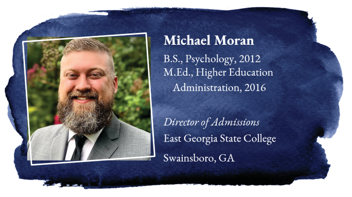 A navy graphic image including a photo of Michael Moran and his degree accomplishments 